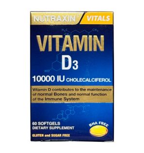 Витамины Д3 'Vitamin D3 10000 IU Cholecalciferol' для иммунитета и здоровья костей от Nutraxin Vitals (60 капсул) Витамины Д3 'Vitamin D3 10000 IU Cholecalciferol' для иммунитета и здоровья костей от Nutraxin Vitals (60 капсул)